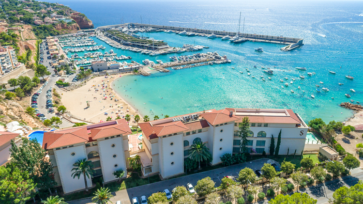 Luxury Pure Salt Port Adriano hotel overlooking the marina.