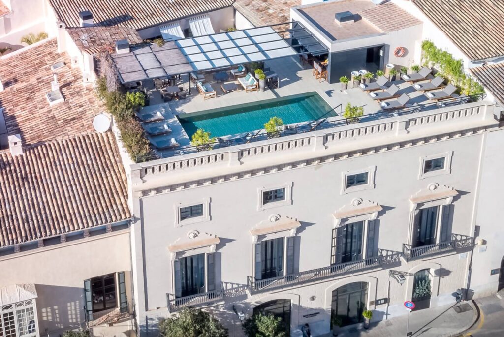 Sant Francesc Singular Hotel rooftop aerial view.
