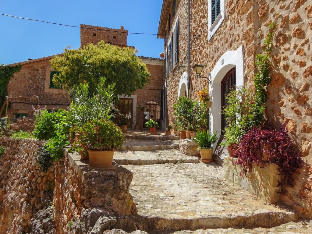Fornalutx cobbled streets with its gardens.