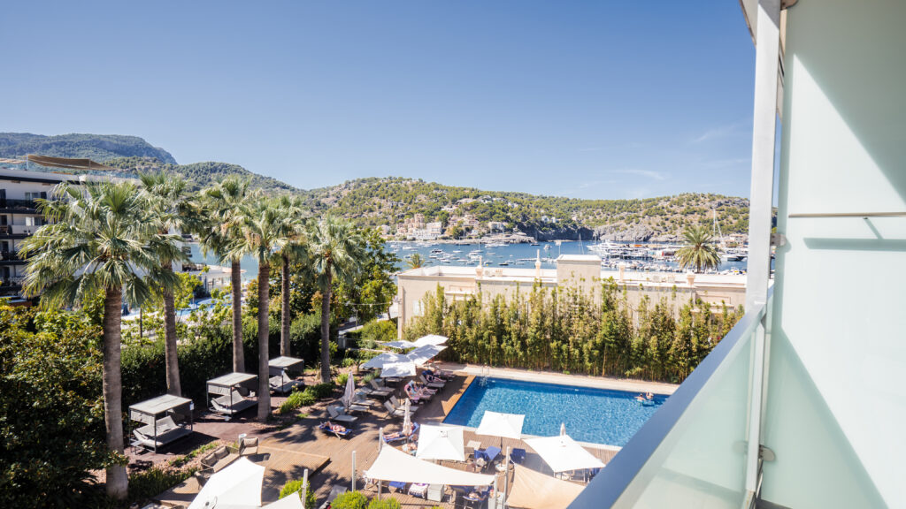 Aimia Hotel pool and sea views from the room balcony.