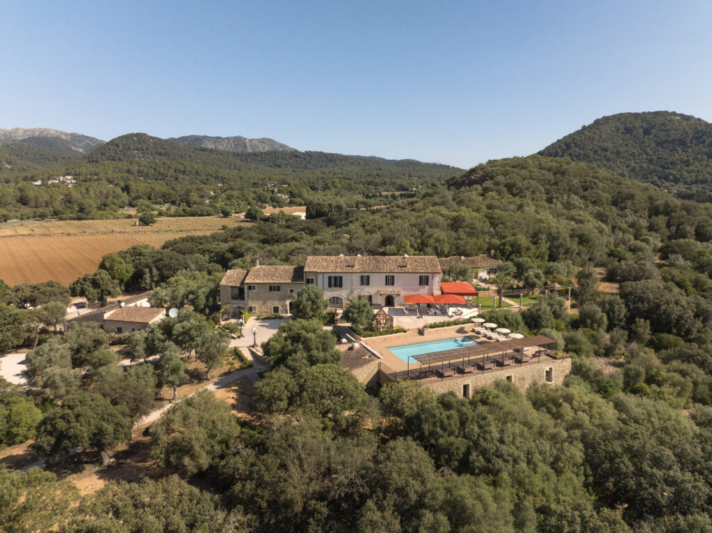 Drone view of Son Sabater, in the middle of the mountains in Mallorca.