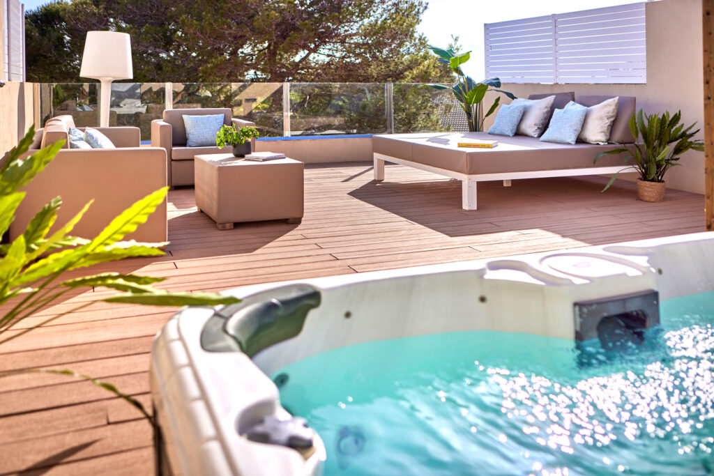 Private jacuzzi and chill out area in a Penthouse Suite at Zafiro Mallorca